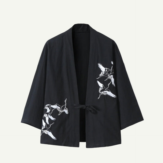 Japanese Haori Jacket - Crane Kimono Cardigan black | Tengura Store