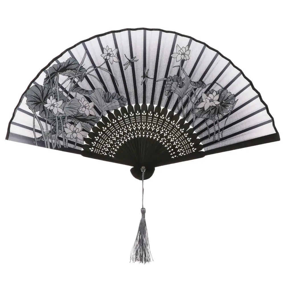 Lotus Blossom Folding Fan in Black & White | Tengura Store
