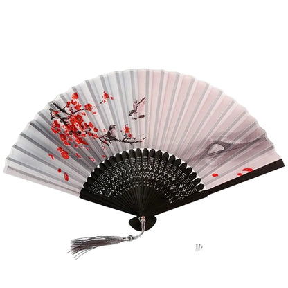 Oriental Hand Fan Red Plum Blossoms & Sparrows Japanese Design | Tengura Store