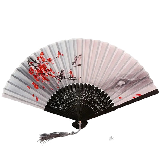 Oriental Hand Fan Red Plum Blossoms & Sparrows Japanese Design | Tengura Store