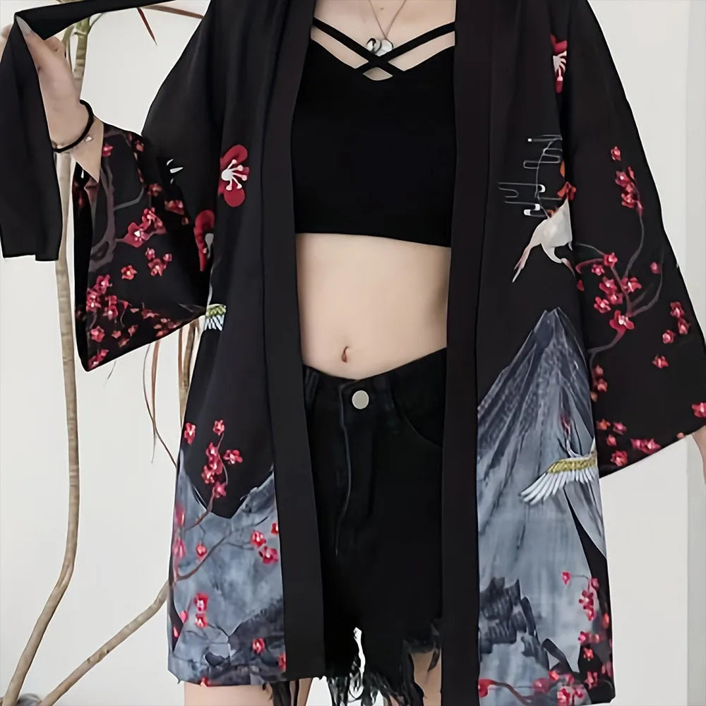 Women’s Haori Jacket with Cranes and Cherry Blossoms | Tengura Store