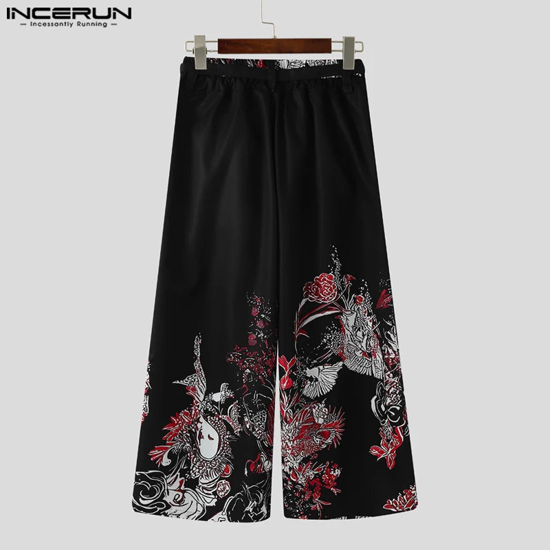 Japanese Hakama Pants - Wide-Leg Black Trousers with Floral Print | Tengura Store