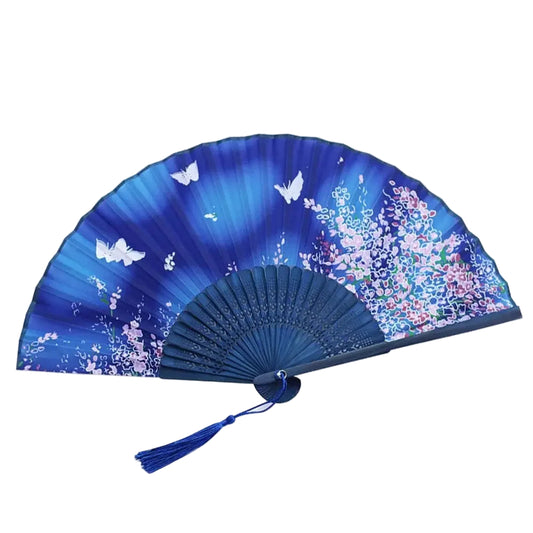 Japanese Folding Fan with Blue Sakura and White Butterflies | Tengura Store