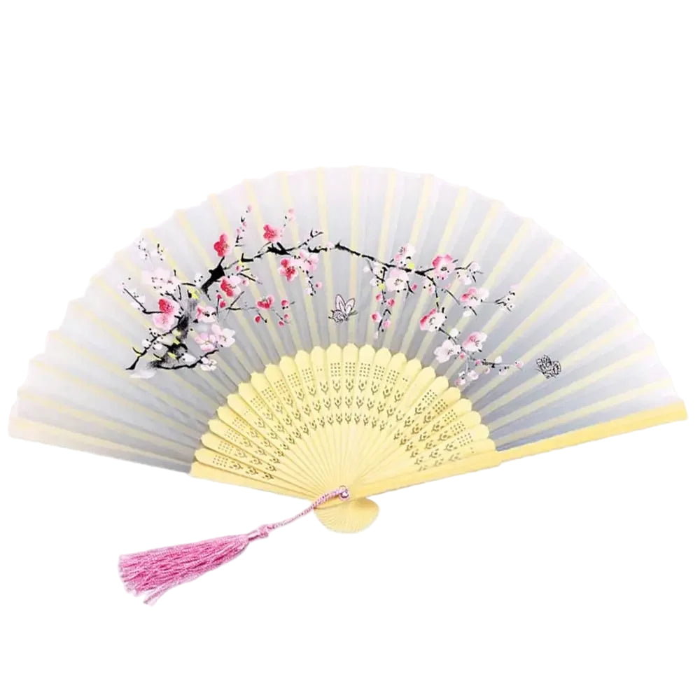 Bamboo Japanese Fan Black Frame with Sakura & Butterflies | Tengura Store