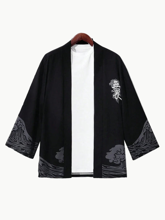 Japanese Haori Jacket - Kanji & Wave Pattern 3XL | Tengura Store