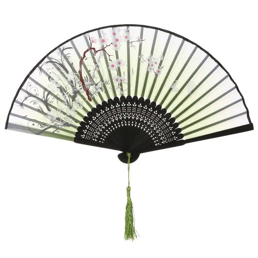 Japanese Folding Fan with Green Bamboo and Plum Blossoms | Tengura Store