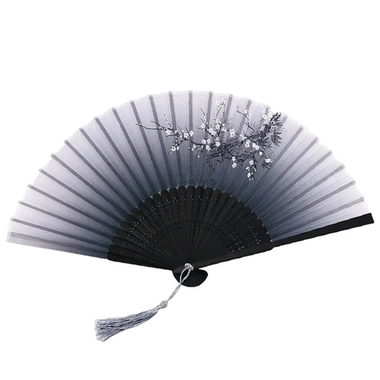 Japanese Folding Fan with Plum Blossoms in Black Ink Style | Tengura Store