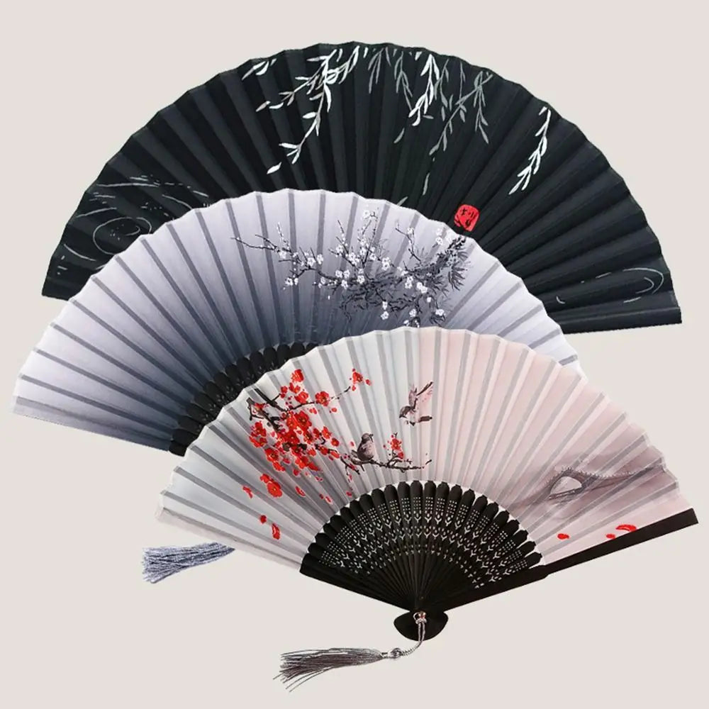 Japanese Folding Fan with Plum Blossoms in Black Ink Style | Tengura Store