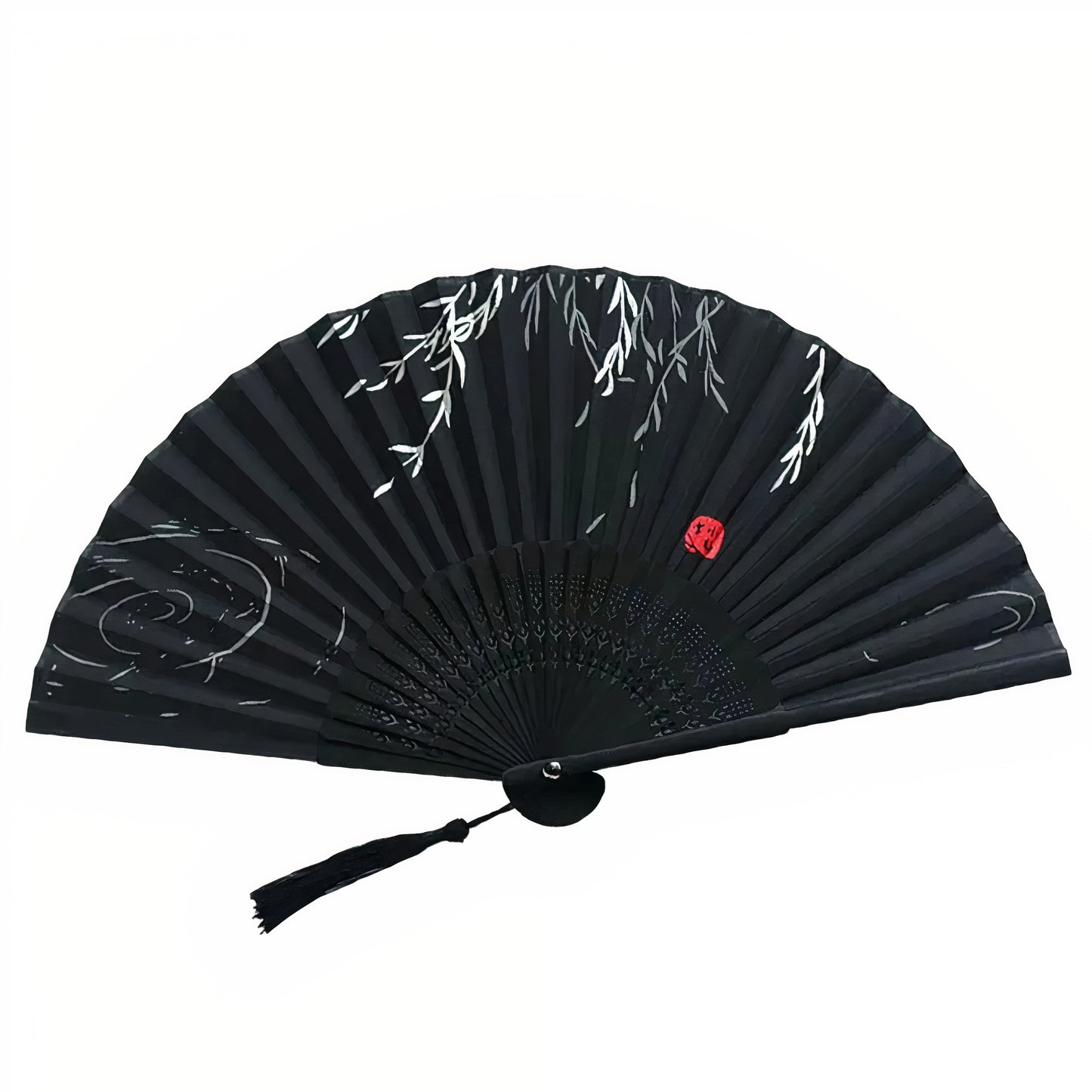 Traditional Black Folding Fan with Willow Branches and Red Seal | Tengura Store