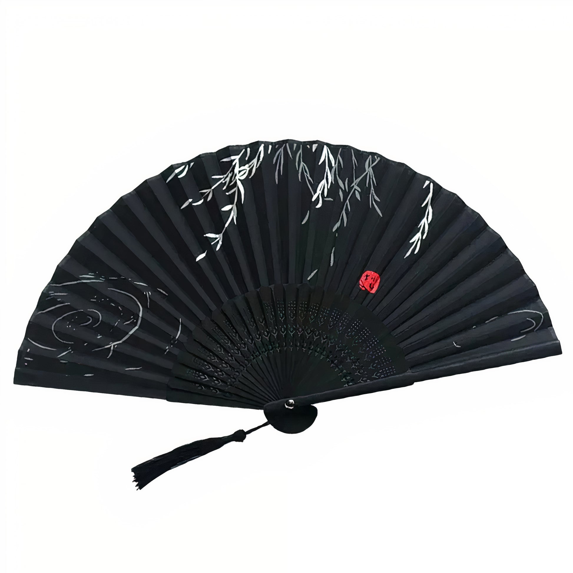 Traditional Black Folding Fan with Willow Branches and Red Seal | Tengura Store