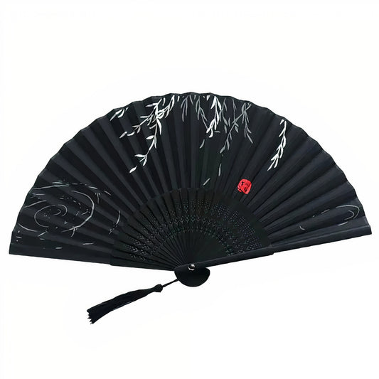 Traditional Black Folding Fan with Willow Branches and Red Seal | Tengura Store