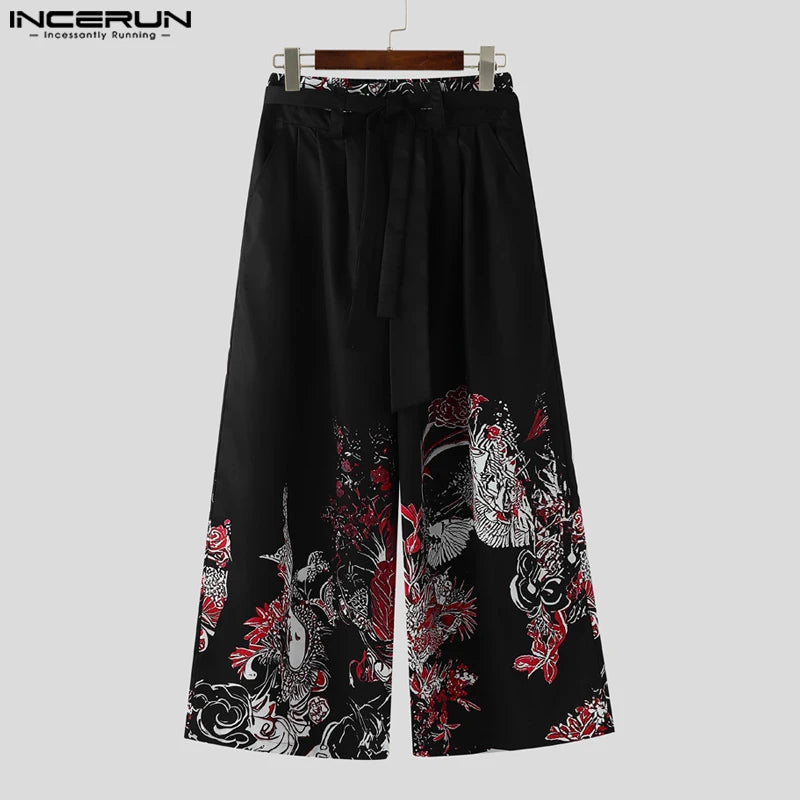 Japanese Hakama Pants - Wide-Leg Black Trousers with Floral Print | Tengura Store