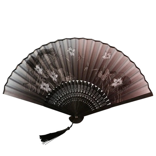 Lotus Pattern Japanese Hand Fan Black Brown Shade | Tengura Store