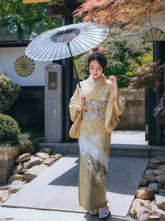 Yellow Women's Japanese Kimono with Flowers L | Tengura Store