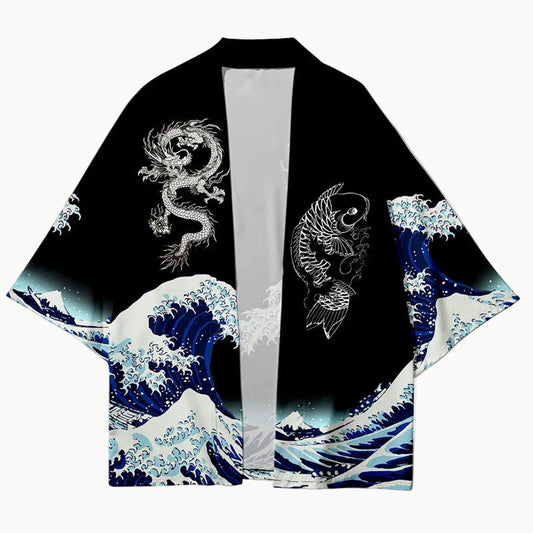 Haori Jacket with Dragon, Koi and Great Wave Print 3XL | Tengura Store