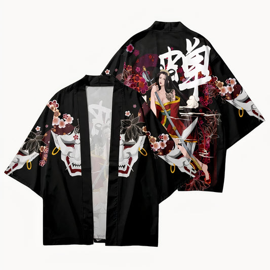 Black Haori Cardigan - Geisha and Oni Mask | Tengura Store