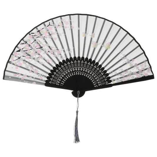 Bamboo Japanese Folding Fan Cherry Blossom Black Fabric | Tengura Store