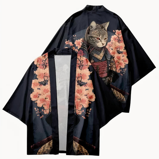 Japanese Haori Jacket - Samurai Cat and Sakura | Tengura Store