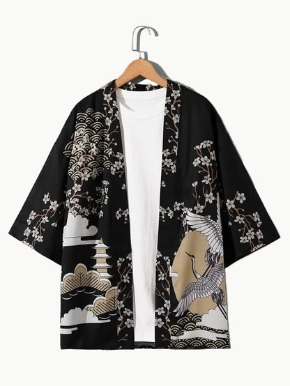 Japanese Haori Jacket - Pagoda & Crane Print 3XL | Tengura Store