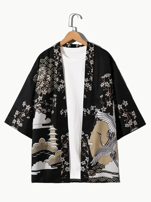 Japanese Haori Jacket - Pagoda & Crane Print 3XL | Tengura Store