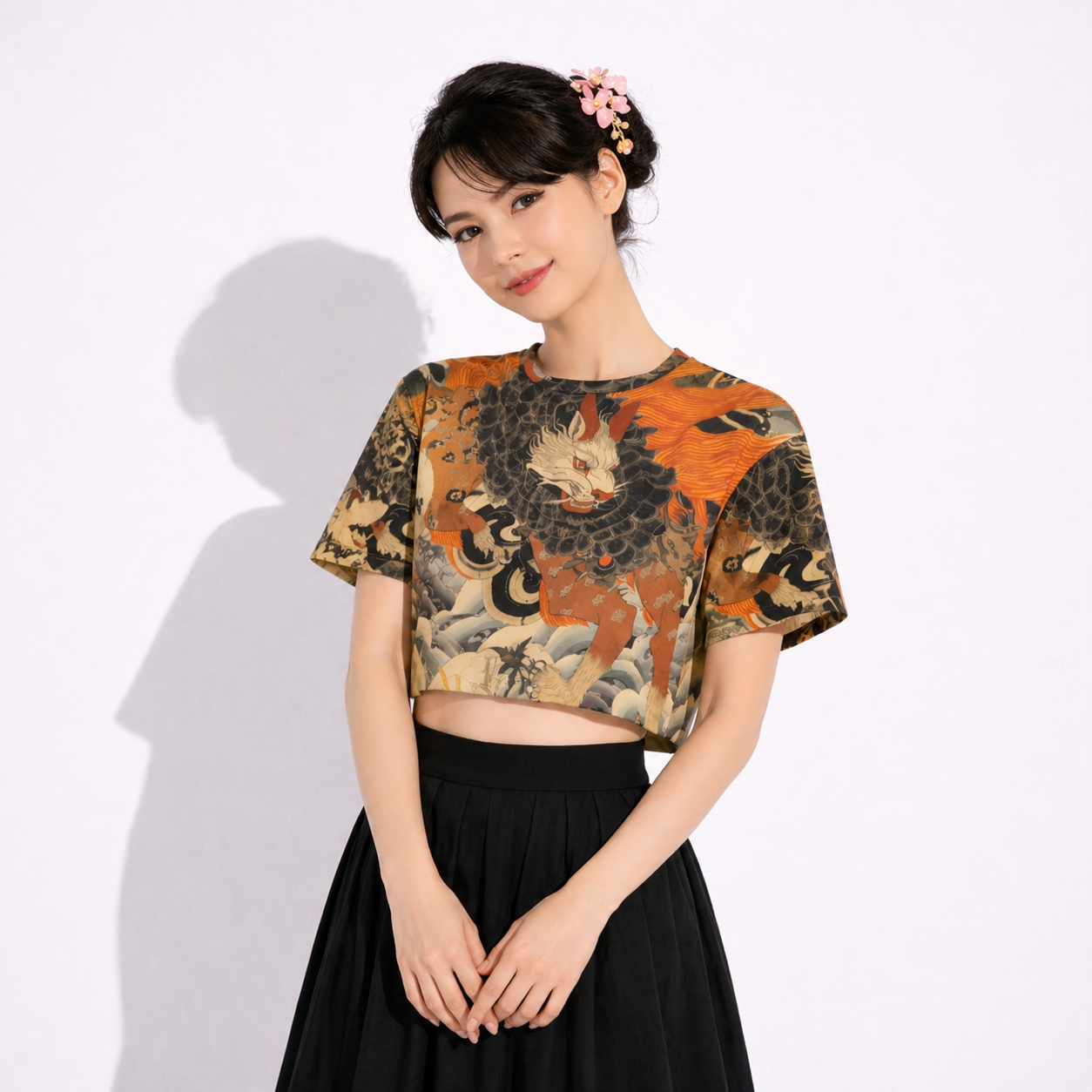 Ukiyo-e Style Mythical Japanese Creature Cropped T-Shirt | Tengura Store