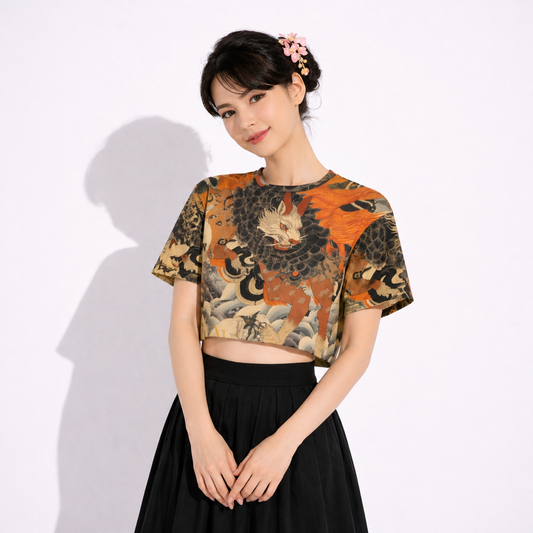Ukiyo-e Style Mythical Japanese Creature Cropped T-Shirt | Tengura Store