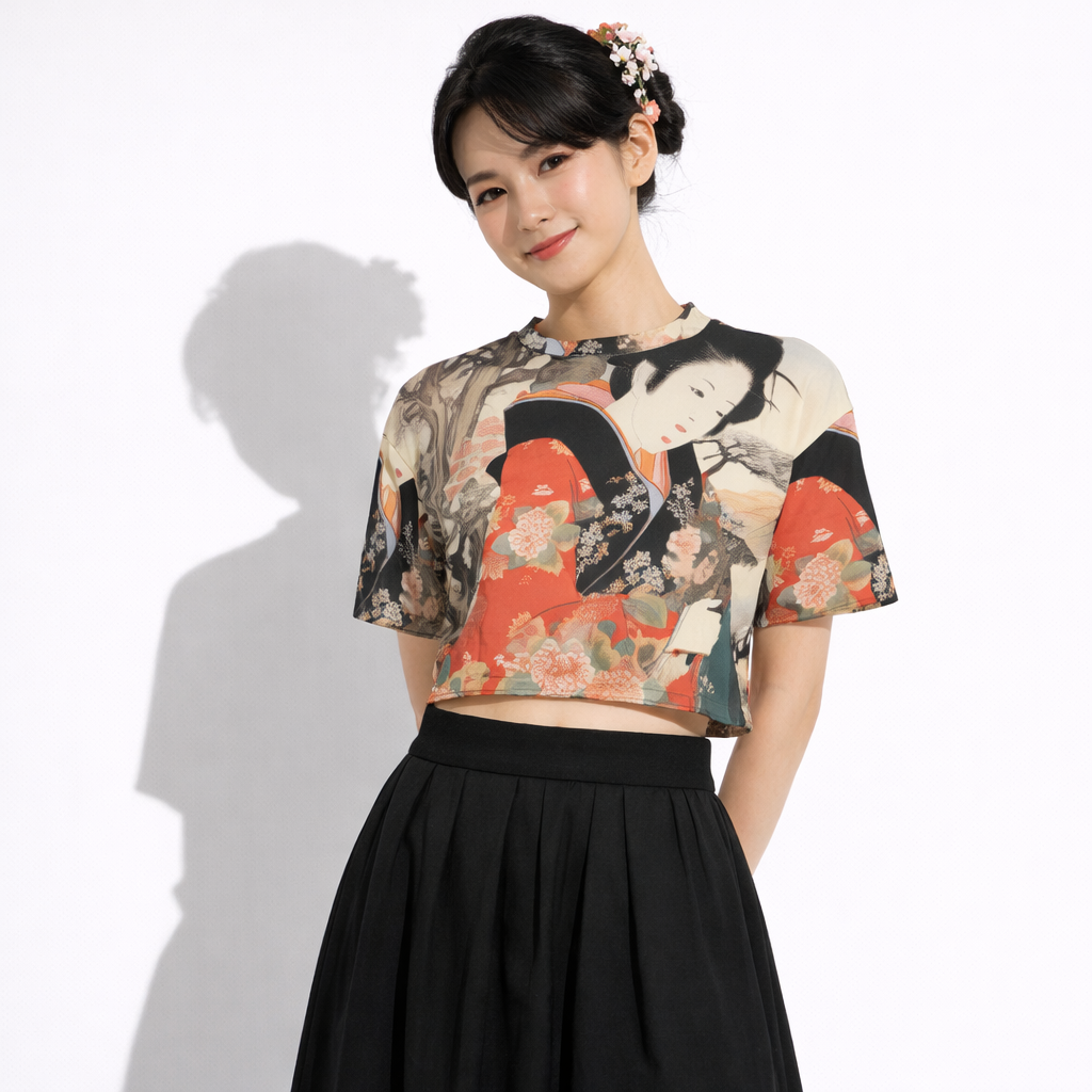 Top court avec imprimé Geisha japonais | Tengura Store