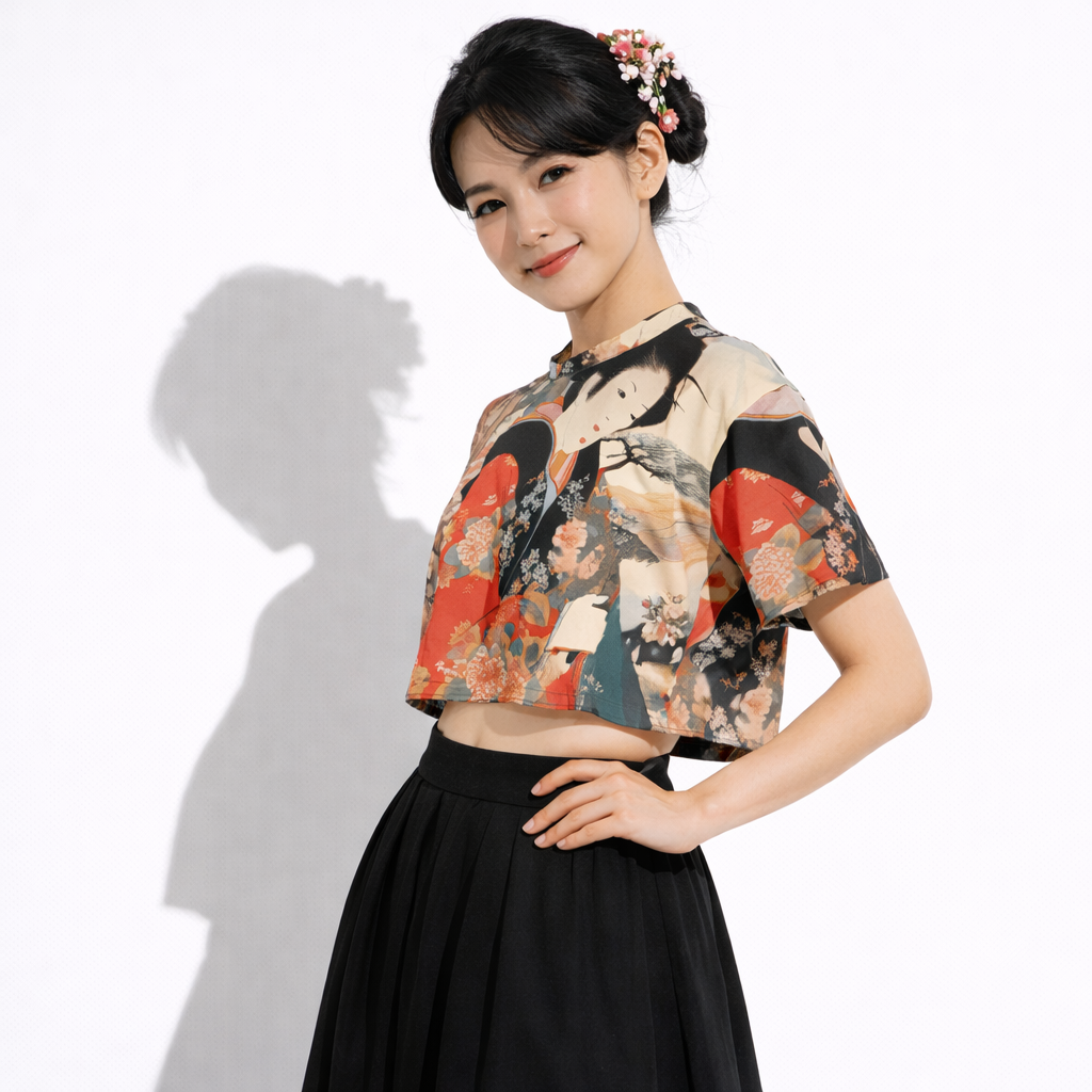 Top court imprimé motif geisha japonaise | Tengura Store