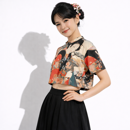 Top court imprimé motif geisha japonaise | Tengura Store