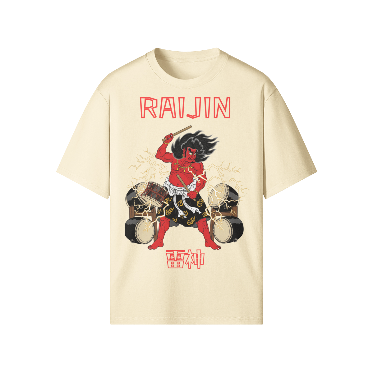 Raijin Thunder God Drums Japanese T-Shirt Beige | Tengura Store