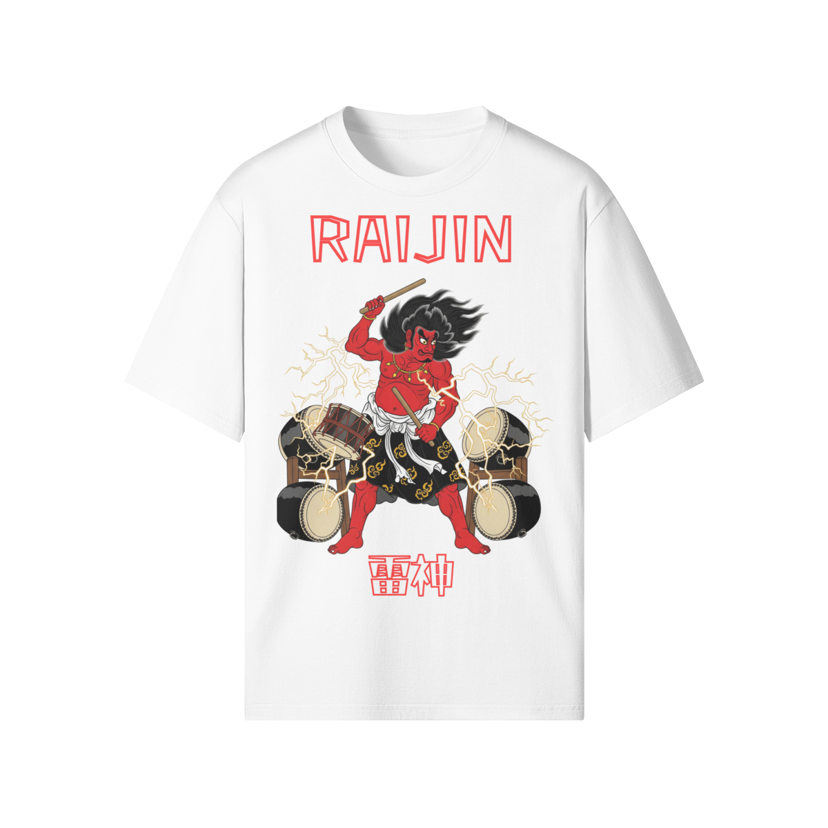 T-shirt Japonês Raijin Thunder God Drums Branco | Tengura Store