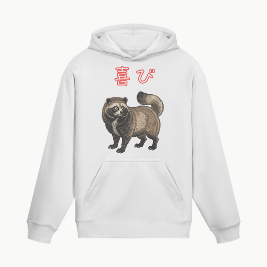 Traditional Hoodie Tanuki Spirit Animal of Joy White | Tengura Store