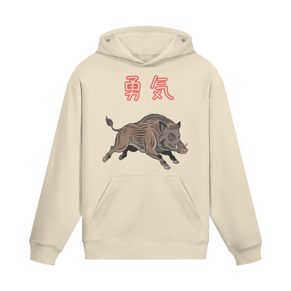 Wild Boar Hoodie Japanese Symbol of Courage and Determination Beige | Tengura Store