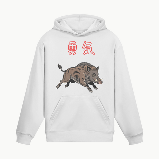Wild Boar Hoodie Japanese Symbol of Courage and Determination White | Tengura Store