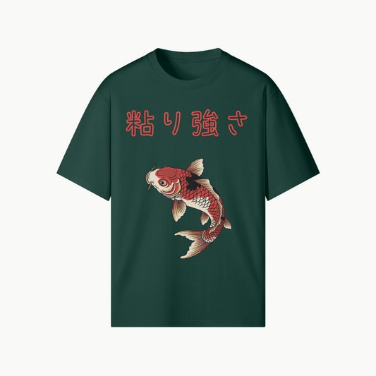Koi Fish Perseverance Japanese Tee - Symbol of Endurance Dark Green | Tengura Store