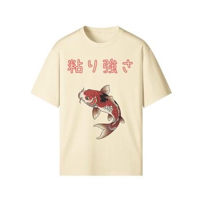 Koi Fish Perseverance Japanese Tee - Symbol of Endurance Beige | Tengura Store