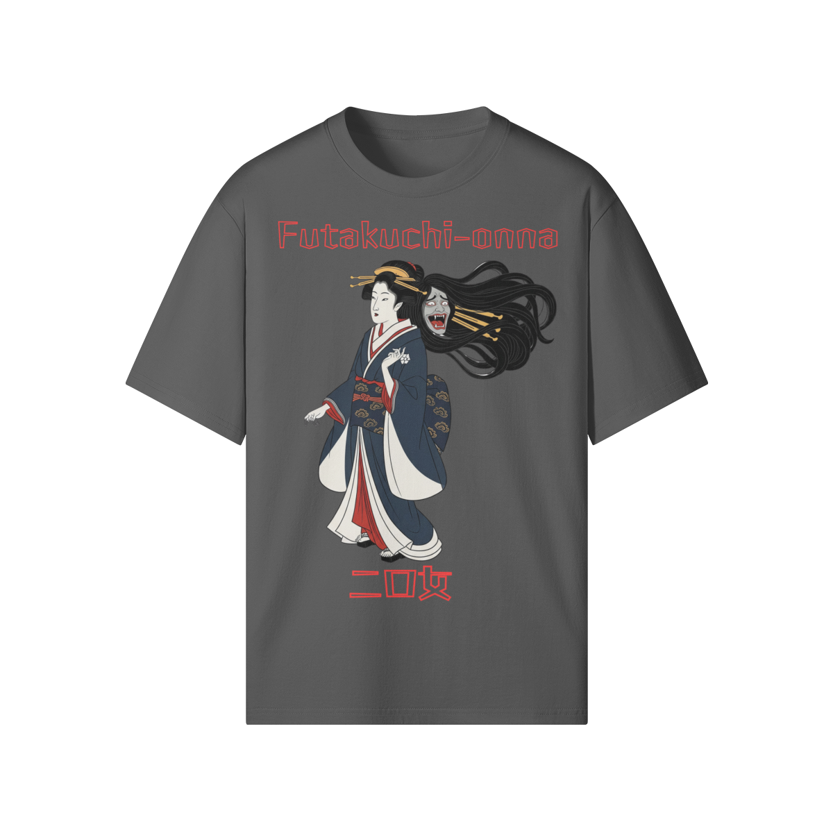 Futakuchi Onna Double-Mouth Woman Shirt Yokai Art Gray | Tengura Store