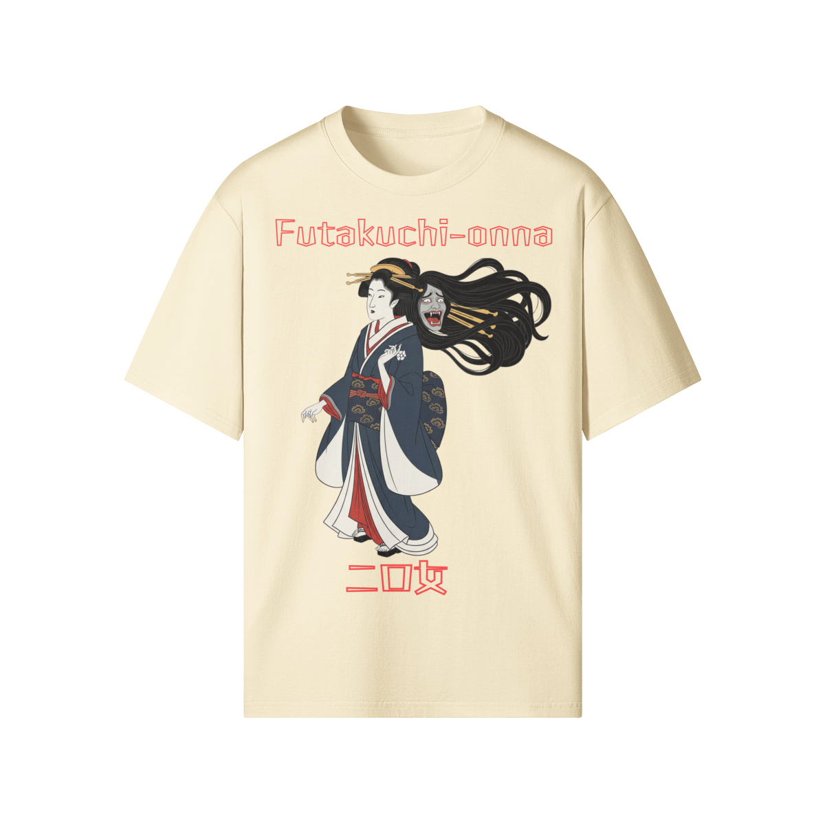 Futakuchi Onna Double-Mouth Woman Shirt Yokai Art Beige | Tengura Store