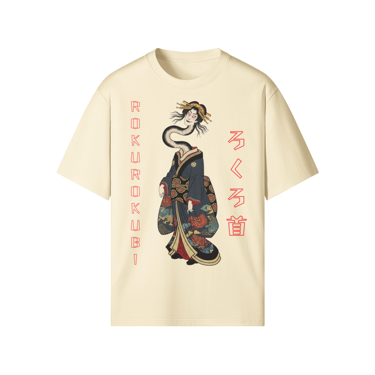 Rokurokubi T-Shirt Japanese Yokai Ghost Woman Beige | Tengura Store