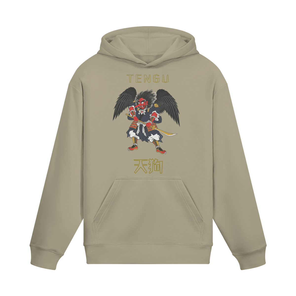 Tengu Warrior Hoodie Japanese Spirit Print Sand Beige | Tengura Store