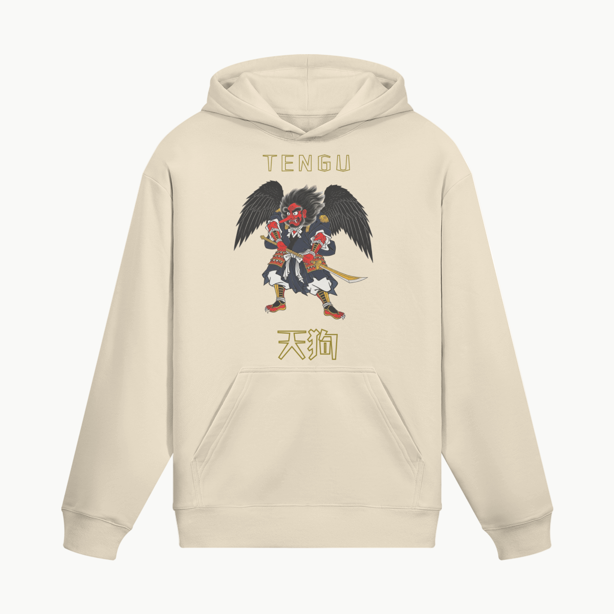 Tengu Warrior Hoodie Japanese Spirit Print Beige | Tengura Store