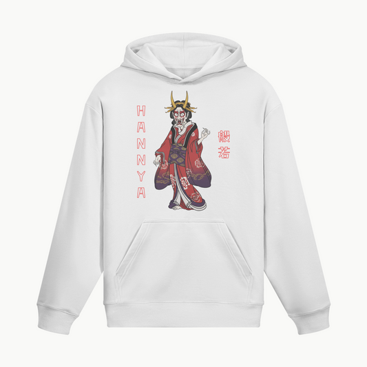 Hannya Mask Hoodie Traditional Demon Print White | Tengura Store