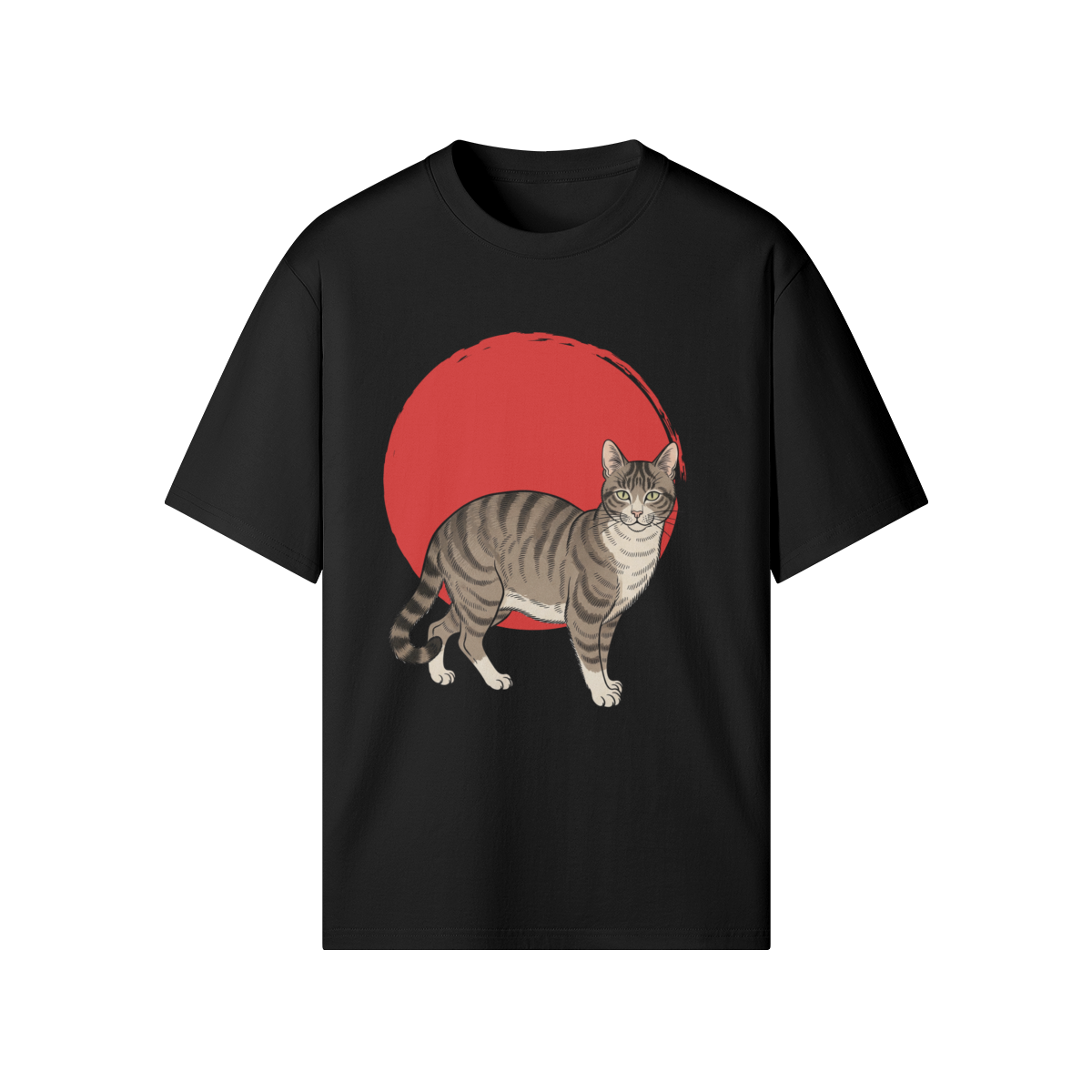 Cat T-Shirt Red Sun Kanji Black | Tengura Store
