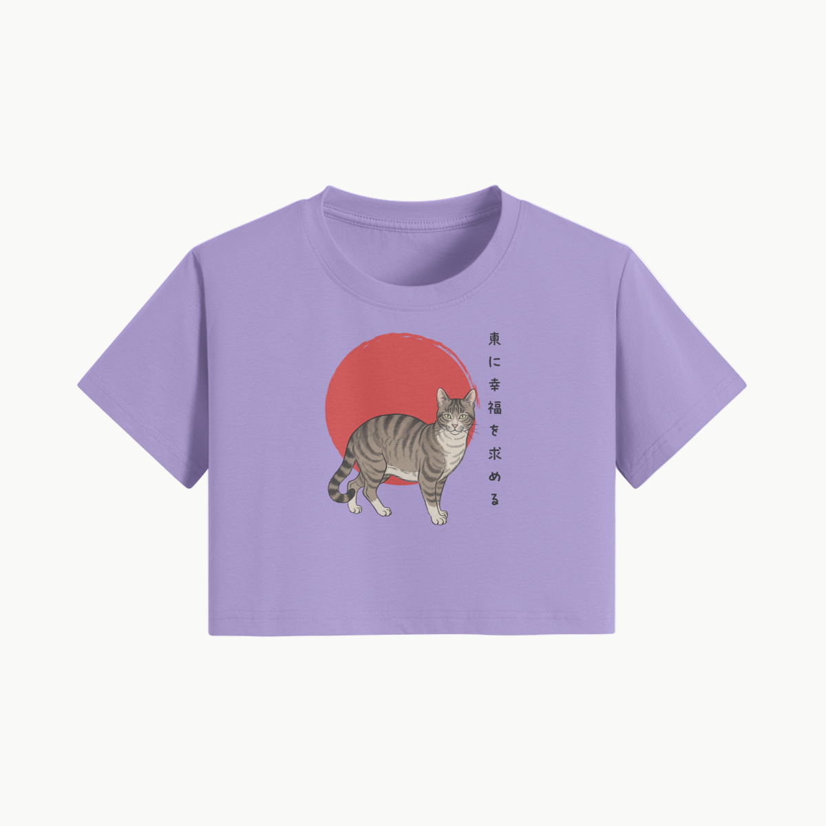 Lucky Cat Crop Top Red Sun Japanese Print Lavender | Tengura Store