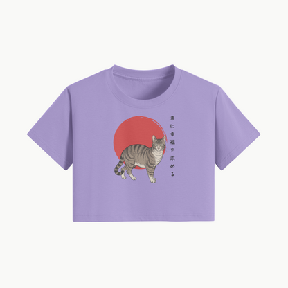 Lucky Cat Crop Top Red Sun Japanese Print Lavender | Tengura Store