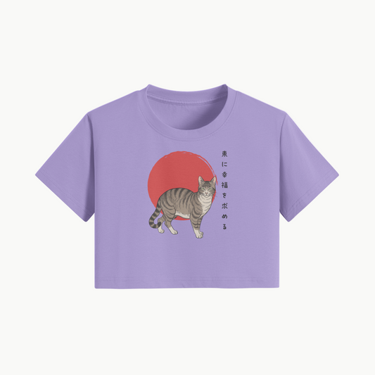 Lucky Cat Crop Top Red Sun Japanese Print Lavender | Tengura Store