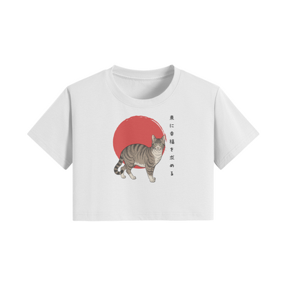 Lucky Cat Crop Top Red Sun Japanese Print White | Tengura Store