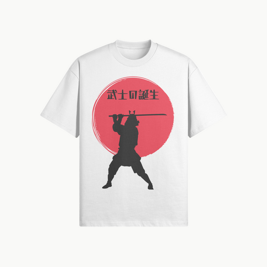 Samurai Warrior T-Shirt Red Sun Silhouette White | Tengura Store