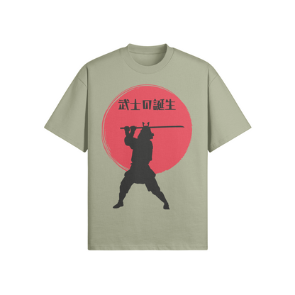 Samurai Warrior T-Shirt Red Sun Silhouette Sage Green | Tengura Store