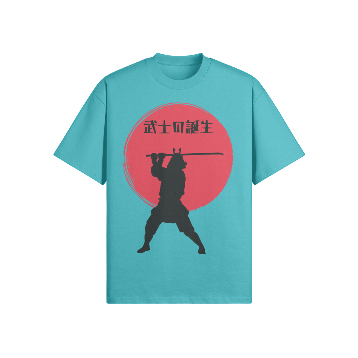 Samurai Warrior T-Shirt Red Sun Silhouette Aqua Blue | Tengura Store